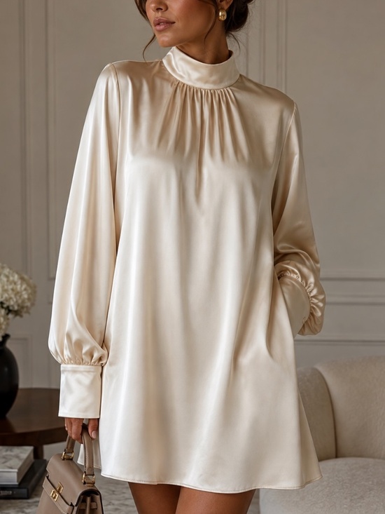 H&M Dresses & Skirts - H&M Dress Womens Size Medium Cream Satin Mock Neck Long Sleeve Quiet Luxury